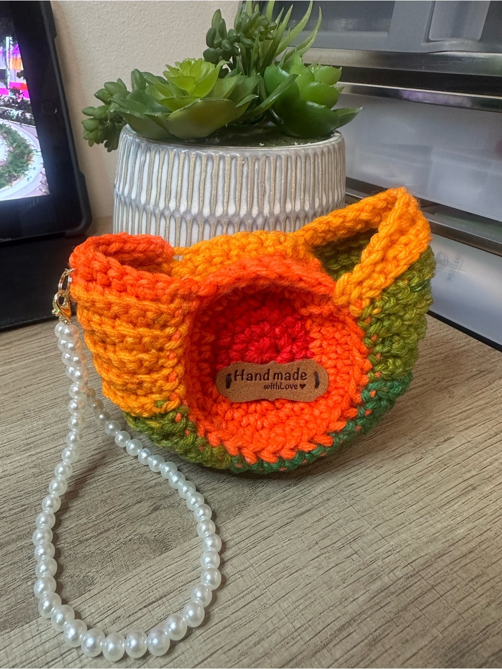 Handmade Kids Crochet Hat in Orange & Green